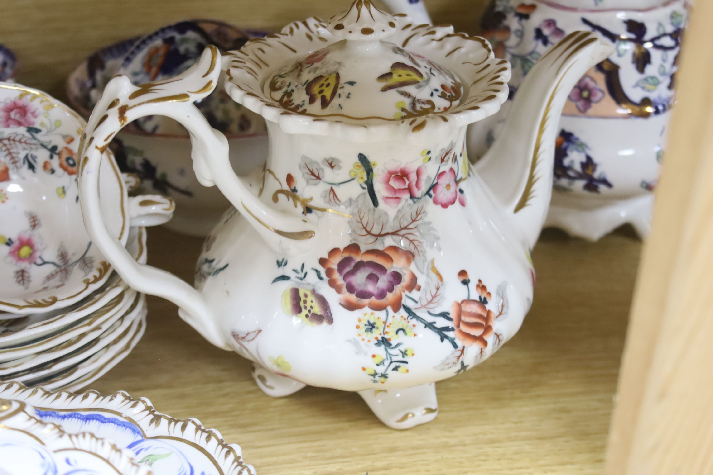 Two Victorian bone china part teasets, a covered tureen and matching meat plate